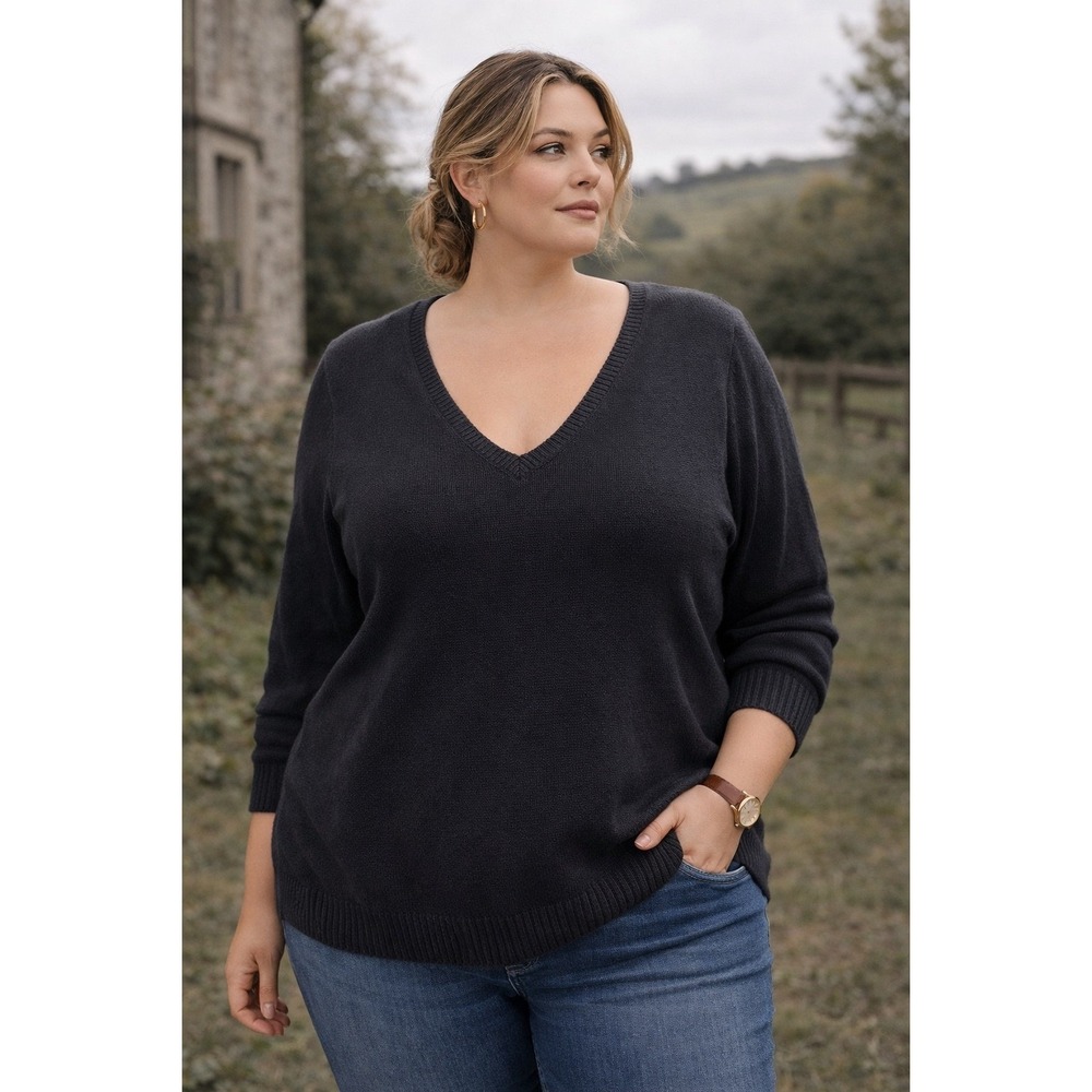 Lauren Ralph Lauren Womens Sweater 2X Black 100% Silk Knit V Neck Pullover Top